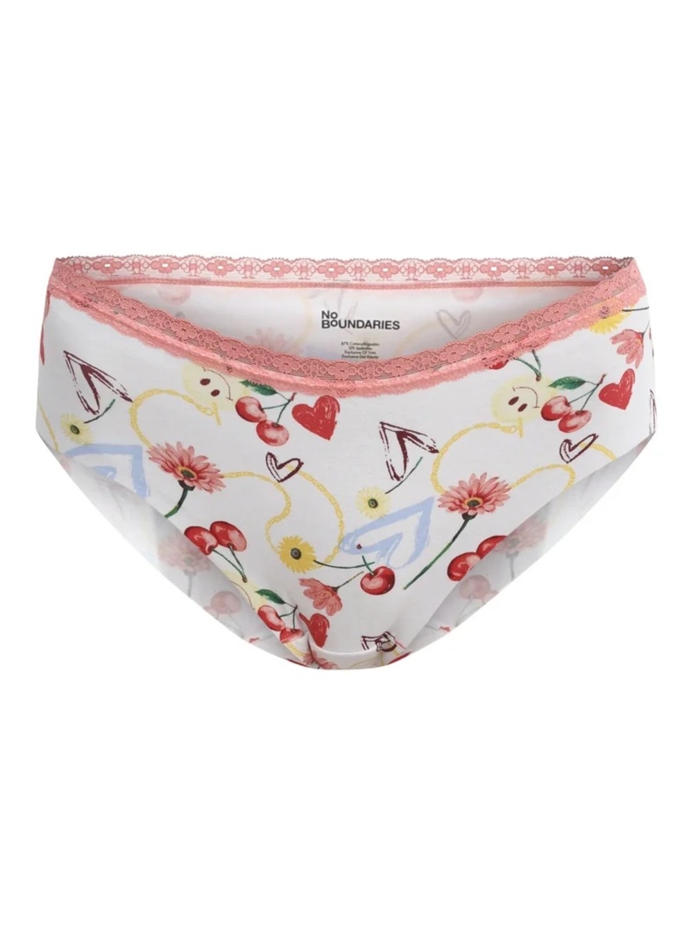 No Boundaries Junior’s White Floral & Cherry Lace-Trim Bikini Briefs
